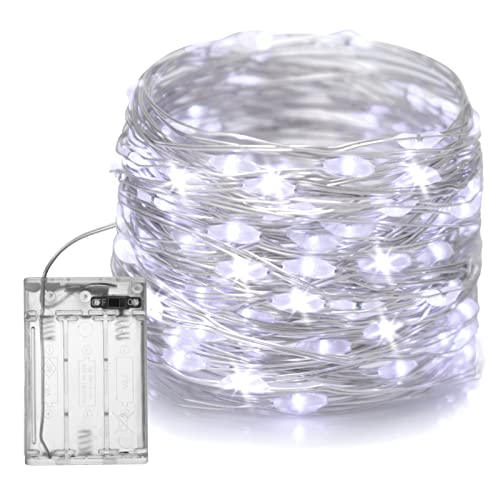 Fairy Christmas LED String Light Battery Operated, 10M / 100LED White Waterproof 3XAA Battery Case, Indoor Outdoor Lights for Xmas Tree Wedding, Halloween, Party, Garden Decoration