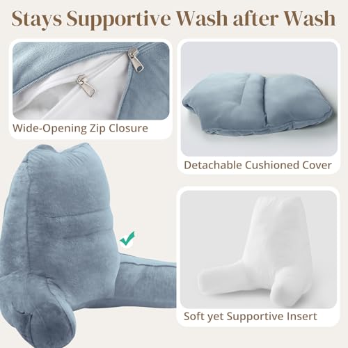 Image of Sasttie Reading Pillow for Bed, Back Pillow for Sitting Up, Greyish Blue | 21 inch Backrest Support Cushion for Couch, Sofa, and Floor, Dorm Essentials, OEKO-TEX, Adjustable Down Alternative Fill
