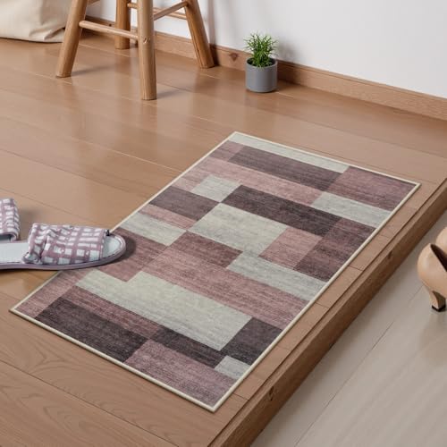 HAOCOO 玄関マット 室内 ラグマット 洗える 北欧風 モダン 50х80cm 小さい おしゃれ ふわふわ オールシーズン適用 滑り止め 防音 屋外 泥落とし 防臭 軽量 モザイク カラーマッチング ピンク