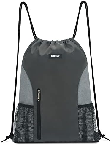 WANDF Drawstring Backpack Sports Gym Sackpack with Mesh Pockets Water Resistant String Bag for Women Men Children(Grey)