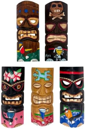 Zeckos Set of 5 Tiki Mask Wall Decor, 10 Inch Hand-Carved Wood Ma...