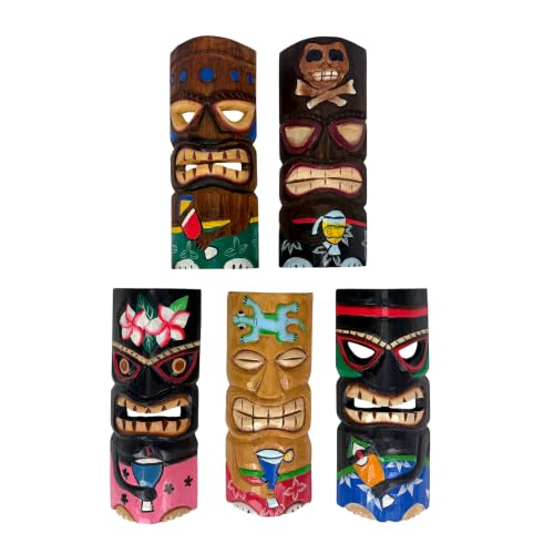 Zeckos Set of 5 Tiki Mask Wall Decor, 10 Inch Hand-Carved Wood Masks