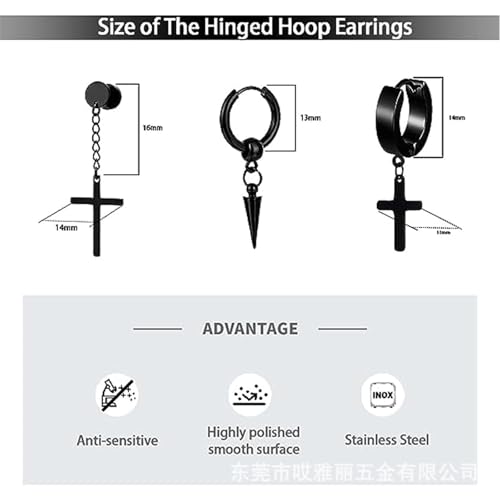 MALOYANVE Titanium Steel Cross Hoop Earrings Punk Cool Minimalist Cross Dangling Hanging Dangle Drop Huggie Hinged Hoop Cross Earrings for Men Women Gothic Jewelry (Black Spike)4