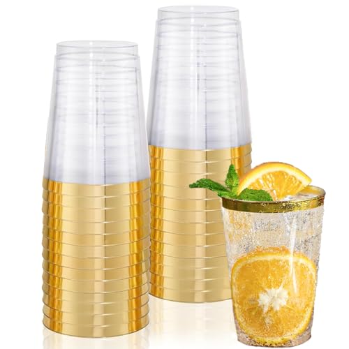 Party Cups with Gold Rim, Hard Plastic Tumbler Cups 300 ML with Gold Rim, Reusable for Birthday, Party, Wedding, Travel (50)