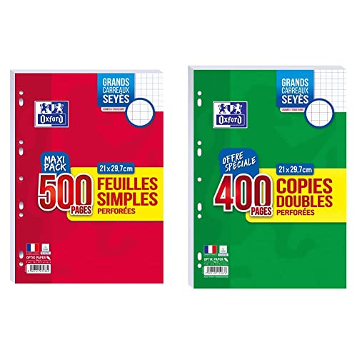 Oxford Feuilles Simples A4 Grands Carreaux Seyès 500 Pages & Lot 400 Pages Copies Doubles Grands Carreaux Seyès Format A4 (21x29,7cm) Perforées