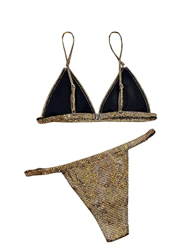 Gorglitter Women's Metallic Swimsuit Triangle Ring Tops High Cut Thong Bikini Set Bathing Suit Gold Small #TOP1