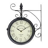 CHARLES BENTLEY Paddington Outdoor And Indoor Double Sided Wall Clock, Black, Analogue Design, Plastic, Metal, Quiet Ticking, Roman Numerals, Vintage, Patio Clock, Living Room, Kitchen (32x27x9.5cm)