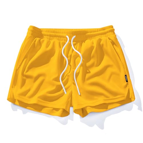AIMPACT Mens Mesh Running Shorts 3 Inch Quick Dry Gym with Pockets Yellow