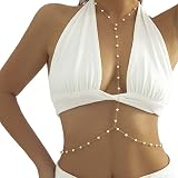 Boho Bra Body Chain Pearl Long Chain Necklace Sexy Crossover Harness Beaded Chest Chain Summer Bikin