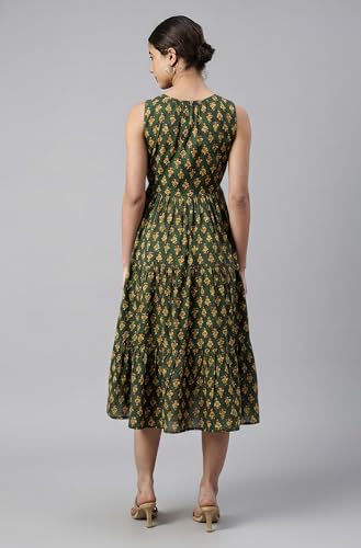 Image of Janasya Women's Blue Pure Cotton Floral Printed Tiered Dress
