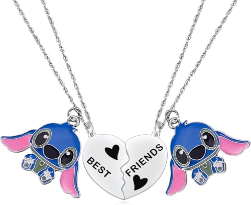 Engraved Heart Charm GoFunway Best Friend Stitch Necklace Set Friendship Matching Heart Necklace For 2 Girls Women Lilo and Stitch Stuff Jewelry For Friends BFF Bestie Stainless Steel Enamel Pendants Silver (Best Friend 1)
