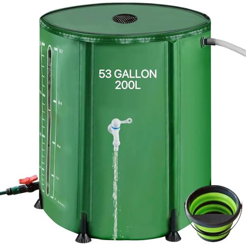 53Gallon/200L Rain Water Collection Barrel, Portable PVC Rain Barrels to Collect Rainwater from Gutter, Large Capacity Rainwater Collection System with Water Level for Garden Water Catcher, Green