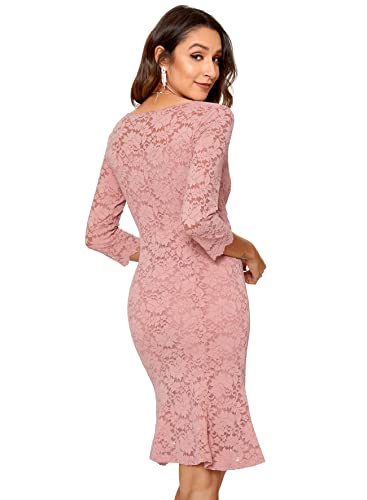 Atnlewhi Womens 3/4 Sleeve Lace Cocktail Dresses Party Wedding Guest V Neck Formal Evening Bodycon Ruffle Dress Nude Pink - Thumbnail 4