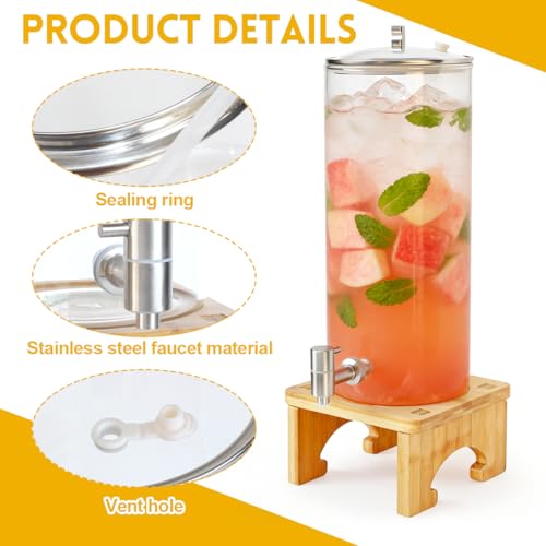 7 L Getränkespender mit Ständer, Getränkespender aus Glas mit Zapfhahn aus massivem Edelstahl für geeiste Säfte, Wasser, hausgemachte Getränke, Partys, Hochzeiten