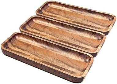 Acacia Wood Serving Trays, Set of 3 Wooden Serving Platters for Home Decor, Food, Cheese, Fruit, Vegetables, Charcuterie, Appetizer Serving Tray(11.8 x 5.1 x 0.78 inches)