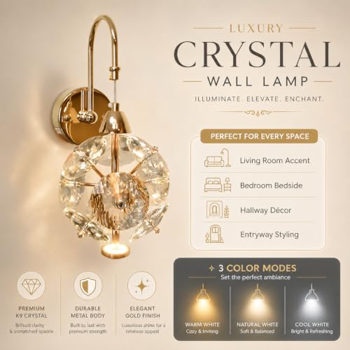 Image of Smartway Flux Crystal 10 Watt LED Wall Lamp - Modern Gold Wall Light, Crystal Globe Design, 3 Color Modes (Warm /Natural /Cool) | Wall Mounted Bedside Lamp (Petal)