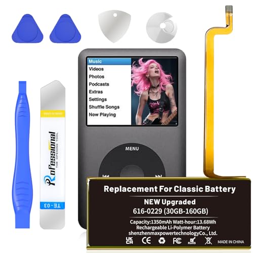 616-0229 Battery, Upgraded (1350mAh) High Capacity Replacement Battery for iPod 5th 6th 7th Generation Video Classic A1136 A1238 6th 80GB 6.5th 120GB 7th 160GB 5th 30GB Batteries with Repair Tool Kit