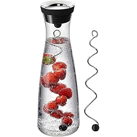 Glass Carafe with Lid and Stainless Steel Fruit Skewer, 34 oz 1 Liter Water Pitcher, Pitcher for Ice Tea and Homemade Juice, Heat Resistant Borosilicate Glass Carafe for Hot or Cold Water. Cover