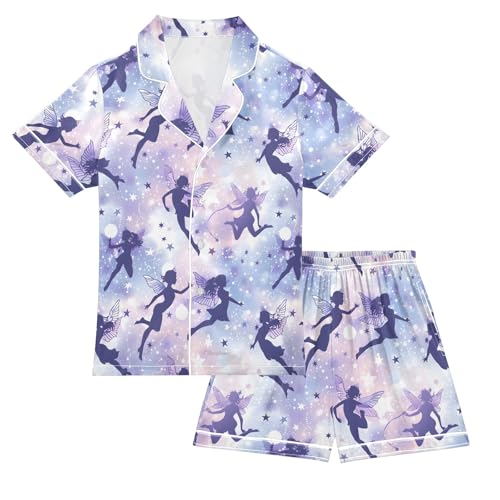 Beautiful Purple Elf Summer Satin Pajama Set, Cute Button-Down Sleepwear Pj Set for Sleep Wears