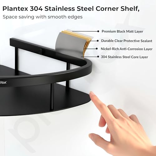 Image of Plantex Corner Shelf for Bathroom Wall Mount /304 Grade Stainless Steel Bathroom Corner Shelf /Bathroom Accessories Holder for Wall (9x9 inches, Black)