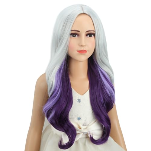 Image of Silver Gray Ombre Purple Wig for Child Girls Long Grey Ombre Purple Middle Part Wig Kids Silver Gray to Wavy Curly Wigs Heat Resistant Synthetic Wigs with Cap