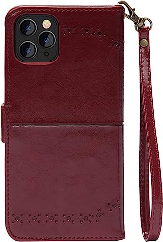 Étui iPhone 14 Pro Max bordeaux en cuir à rabat avec dragonne