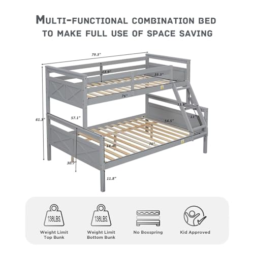 Majnesvon Twin Over Full Bunk Bed Frame with Ladder, Solid Wood Bunk Loft Beds with Guardrail, Can Be Separated Into Full Size Bed, No Box Spring Needed (Gray)