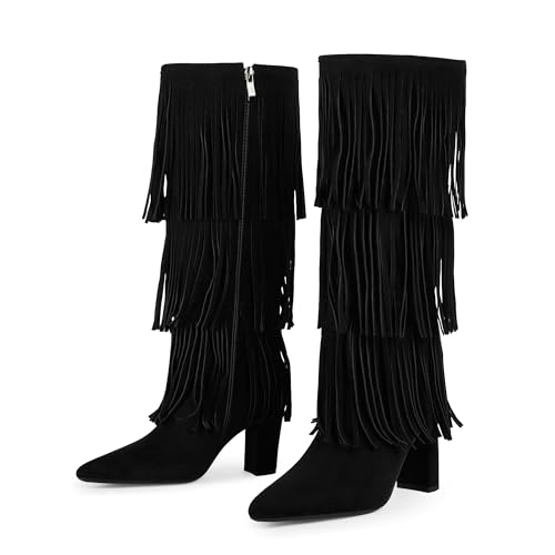 Image of Knee High Boots Women Fold Over Boots Chunky Heel Pointed Toe Tall Boots | Fashion Slouchy Boots,Side Zipper Shark Boots,Fall Spring Winter Fashion Dress Tall Boots,Evening Bridal office Long Boots