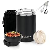 BELICOO Food Flask, 600ml (21oz) 316 Stainless Steel Vacuum Insulated Food Container, Food Flasks for Hot/Cold Food, Leak Proof Soup Containers with Bag & Spoon (Black)