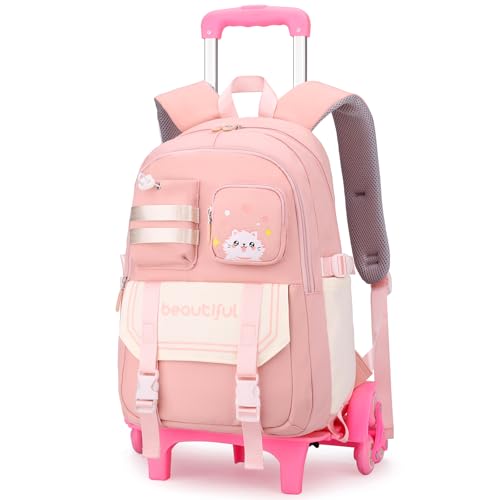 Amythe Mochila con Ruedas para Niñas, Mochilas Escolares para Chicas Adolescentes de 9 a 16 años, Mochila Colegio de 28L para Estudiantes de Primaria y Secundaria, 6 ruedas, Rosa