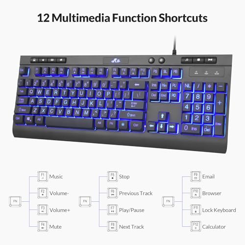 Rii RK900Pro Large Print Backlit Keyboard,Wired USB Full Size Computer Keyboard with Blue Backlight, Compatible with Windows,Mac,Chrome,Linux