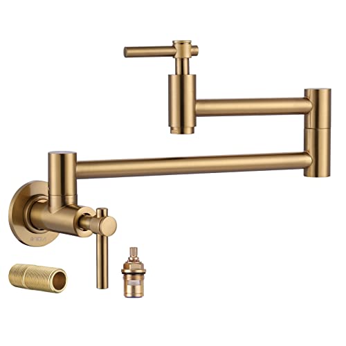 Iviga Wall Mount Pot Filler, Gold Brass Pot Filler Faucet With 2 Handles, Single Hole Stretchable Faucet With Double Joint Swing Arm Pot Filler Above Stove #TOP3
