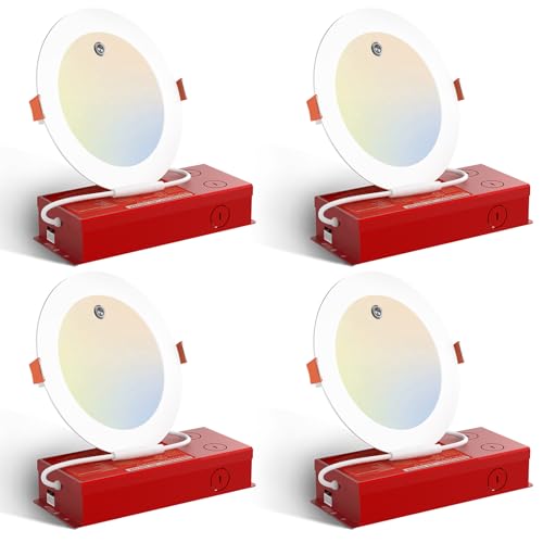 Amico 4 Pack 6 Inch LED Emergency Recessed Lights with 90 Min Battery Backup, 5CCT 2700K-5000K Selectable Ultra-Thin Downlight, 16W 1100LM Brightness Dimmable Canless Wafer Light, ETL/FCC/UL/IC