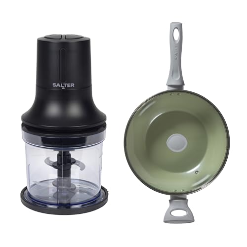 Salter Kuro Food Chopper & Earth Wok Set – 250W Compact Food Chopper with Dual Stainless Blades & 500ml Bowl, 28cm PFAS-Free Ceramic Non-Stick Wok with Stay-Cool Handle & Induction Base, Easy Clean