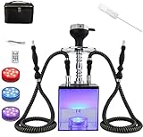 2 Hose Hookah Set with Travel Case Cleaning Brush, Micro Cube Acrylic Hookah with Silicone Hookah Bowl 2 Hose Coal Tongs Magical Remote LED Light for Better Shisha Hookah Narguile Smoking