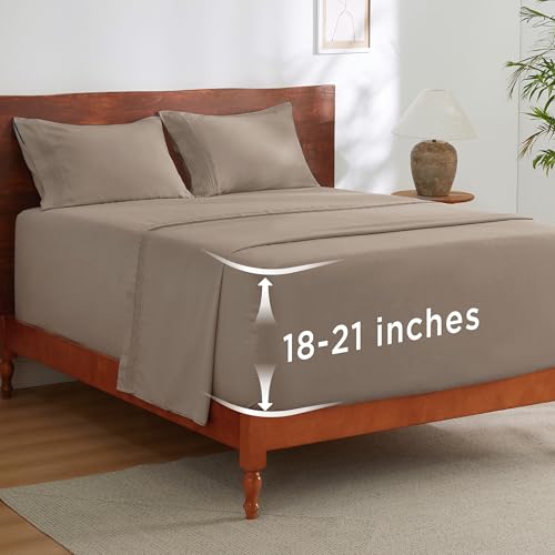 Image of Bedsure Deep Pocket King Sheet Set - Fits Mattresses Up to 21 Inches Thick - 4 Piece GentleSoft Bed Sheets, Moisture Wicking, Soft & Cooling Bedsheet & Pillowcases, Easy & Secure Fit, Brown