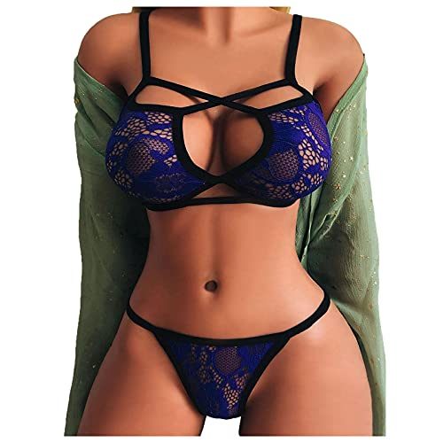 Sexy Lace Teddy Babydoll Lingerie Set for Women Naughty Sex, Cage Bras Thongs See Through Hollow Underwear,f20 Blue