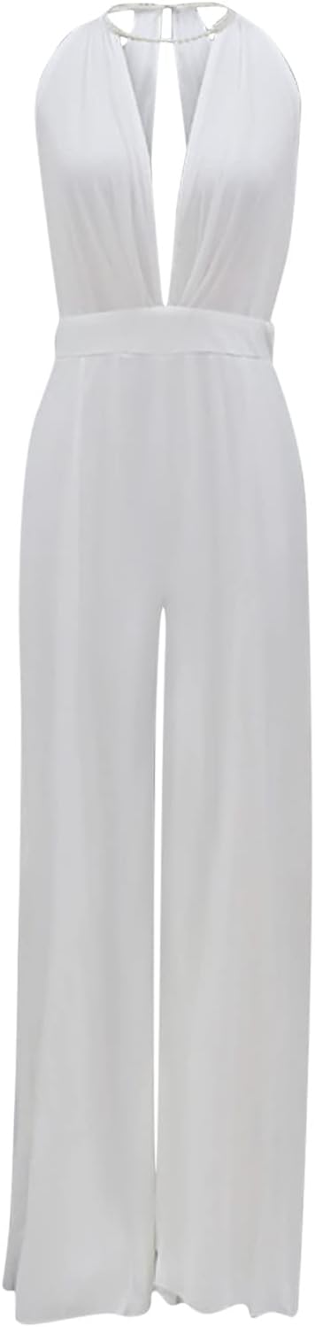 Women's Sexy Deep V Backless Jumpsuits Hollow Out Sleeveless Rompers Wide Leg Playsuit Halter Wedding Guest Dresses - Image 5