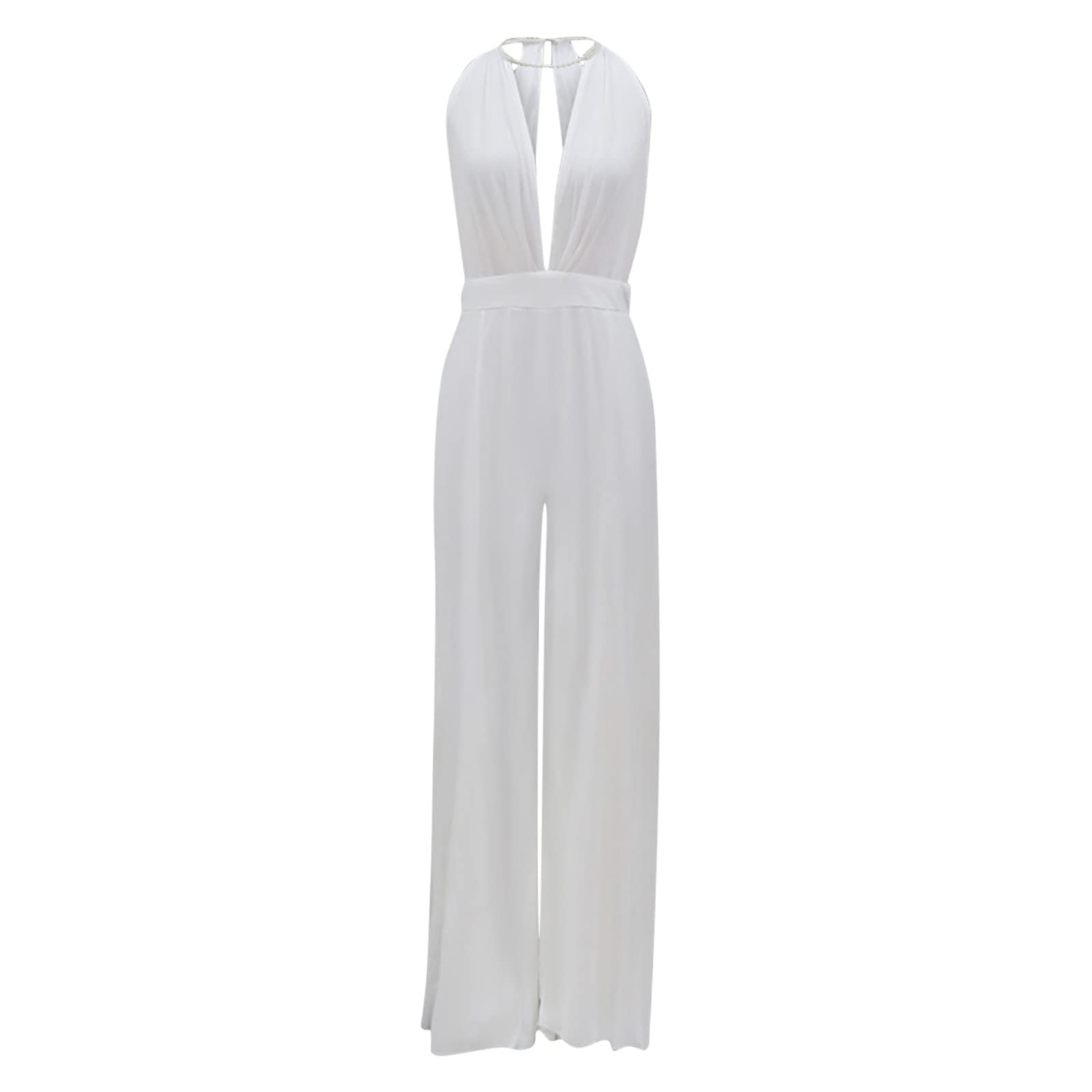 Tuta da Donna Sottile a Maniche a Halterneck Slim Open Back Sexy Scollo A V Bianche Jumpsuit Pantaloni Vestito Abito Elegante Cerimonia