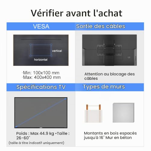 suptek Support Mural TV Inclinable pour Téléviseur 26-65 Pouces, VESA Max 400x400 mm, Fixation Murale TV Charge Max 45 kg, avec Niveau à Bulle Adapté Salon Chambre et Espace Familial MT4205 – vue 7