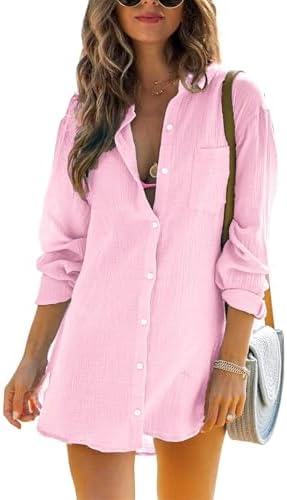 Cicy Bell Damen Langärmel Bluse Sommer Musselin Tops Strandkleid