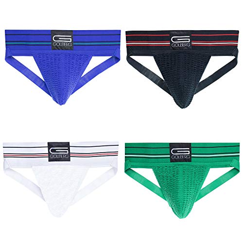 Golberg Athletic Supporters  4 Pack  Contoured Waistband (L, Black/White/Blue/Green)