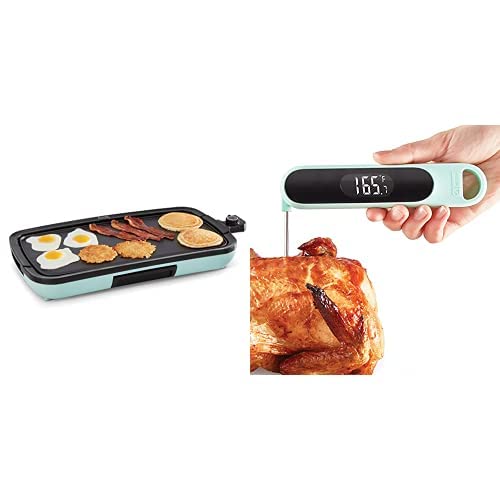 DASH Deluxe Electric Griddle with Dishwasher Safe Removable Nonstick Cooking Plate - Aqua & DASH Precision Quick-Read Meat Thermometer, Waterproof Cooking Thermometer with Digital LCD Display – Aqua