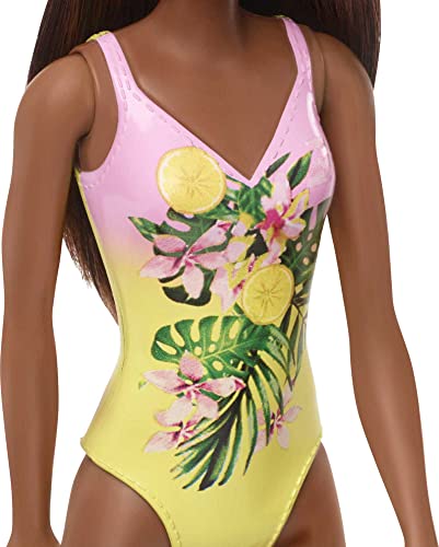 Muñeca Barbie con traje de baño floral rosa y amarillo miniatura 3