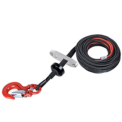 NAAMOTOMOX 50 feet x 1/4 inch Black 7000lbs Synthetic Winch Rope 40'' Red Heat Guard with 4 4/5'' Silver Hawse Fairlead Black Rubber Stopper and Red Half-Linked Hook Car ATV UTV SUV Recovery Truck