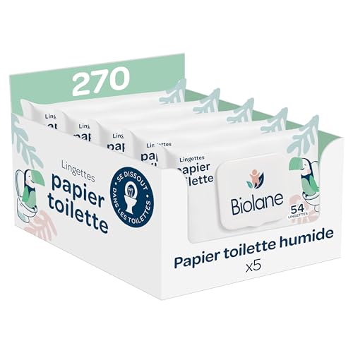 BIOLANE - Lingettes Papier Toilette - Lot de 5 paquets de 54 lingettes - Fibres Végétales - 99% d'ingrédients d'origine naturelle - Dès la naissance - Dissolvables - Testées dermatologiquement