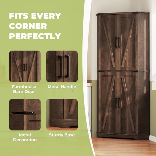 Image of Dripex 71 inch Corner Cabinet Brown, Farmhouse Kitchen Pantry Cabinet with Doors Storage & Adjustable Shelves, Tall Corner Storage Cabinet with LED Light, Food Pantry for Living Room, Dining Room
