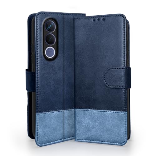 Image of Pikkme Flip Cover for Vivo V70 FE 5G | Dual-Tone PU Leather Finish | Wallet Style & Stand | Magnetic Flip Case (Navy & Light Blue)