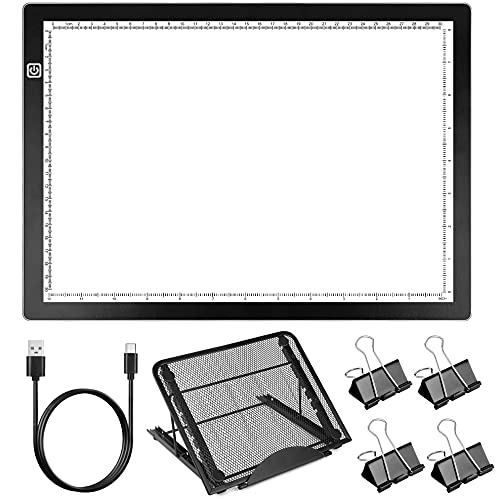 Light Pad Kit, Upgraded Version HIRALIY A4 LED Light Box for Tracing Durable Aluminium Frame Touch Dimmer Diamond Painting Light Board with Metal Stand 4 Fasten Clips for Weeding Vinyl,Tracing,Drawing