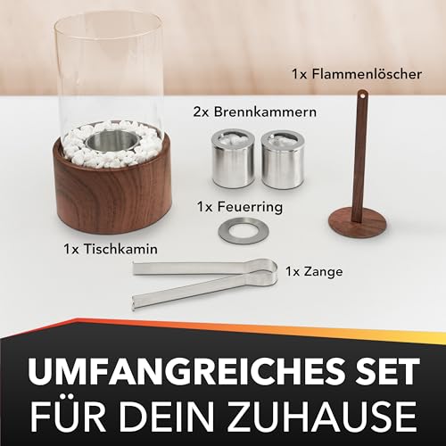 Flammenfuchs® einzigartiger Tischkamin in edler Holzoptik - Tischfeuer XXL-Set für Indoor & Outdoor - Bio Ethanol Tischkamin - unendliche Brenndauer - Ethanol Kamin mit Verstellbarer Flamme – Kamin